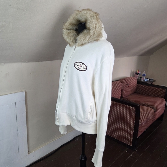 MVSport XL Cream Zip Hoodie with Faux Fur Lined Hood ADK Lake Placid Patch VTG - Picture 4 of 12